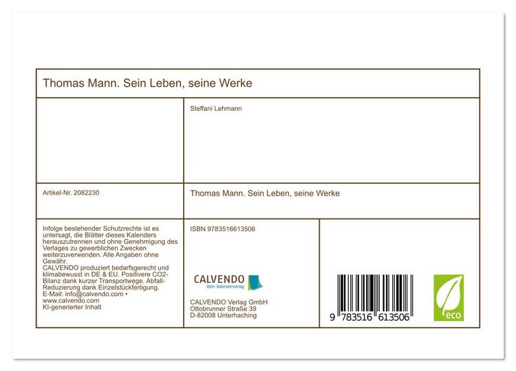 Produktbild: Thomas Mann. Sein Leben, seine Werke (Tischkalender 2026 DIN A5 quer), CALVENDO Monatskalender