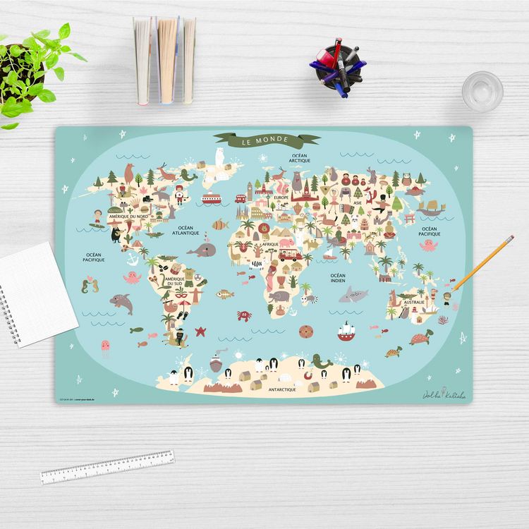 Produktbild: Cover-your-desk Schreibtischunterlage f&uuml;r Kinder Weltkarte in franz&ouml;sisch blau, aus hochwertigem Vinyl , 60 x 40 cm