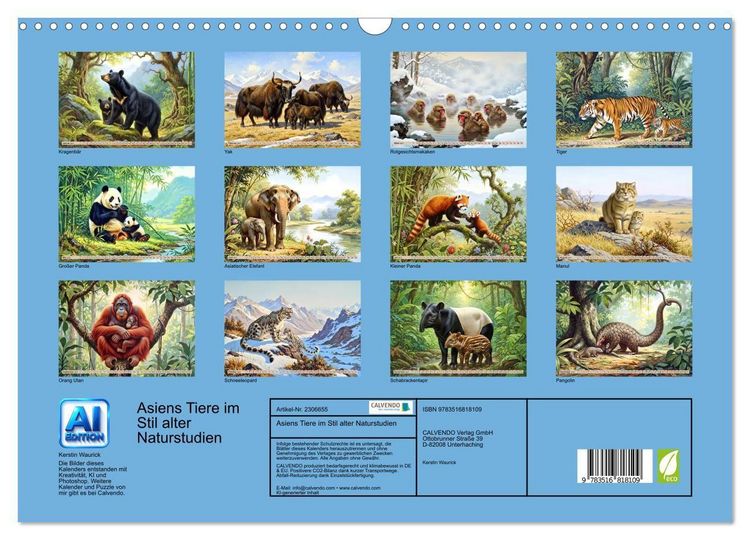 Produktbild: Asiens Tiere im Stil alter Naturstudien (Wandkalender 2027 DIN A3 quer), CALVENDO Monatskalender