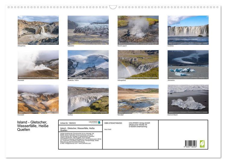 Produktbild: Island - Gletscher, Wasserf&auml;lle, Hei&szlig;e Quellen (Wandkalender 2026 DIN A2 quer), CALVENDO Monatskalender