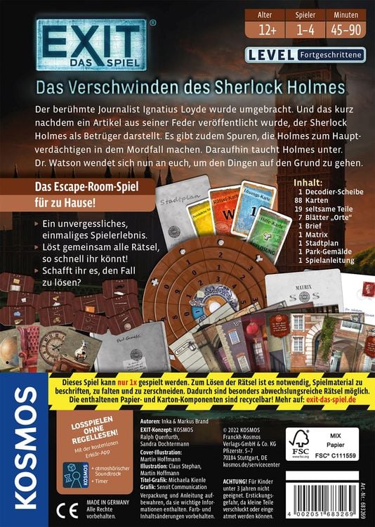KOSMOS 683269 - EXIT® Das Spiel, Das Verschwinden des Sherlock Holmes, Level: Fortgeschrittene