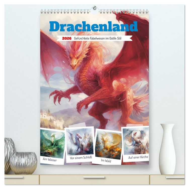 Produktbild: Drachenland. Gef&uuml;rchtete Fabelwesen im Gotik-Stil (hochwertiger Premium Wandkalender 2026 DIN A2 hoch), Kunstdruck in Hochglanz