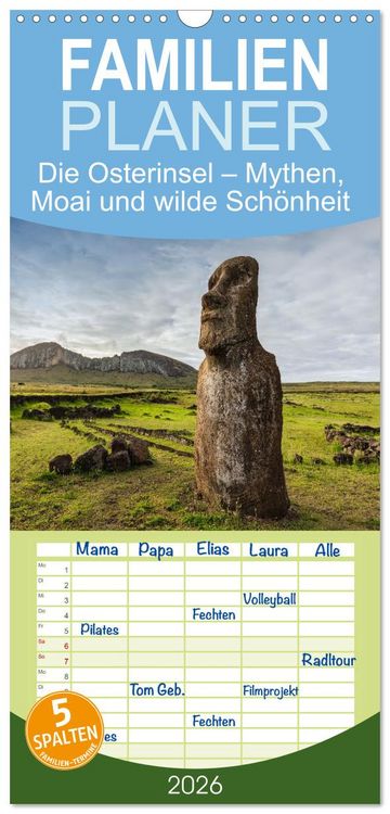 Produktbild: Familienplaner 2026 - Die Osterinsel &ndash; Mythen, Moai und wilde Sch&ouml;nheit mit 5 Spalten (Wandkalender, 21 x 45 cm) CALVENDO