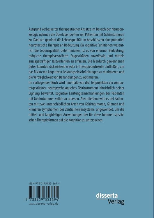 Produktbild: Therapieassoziierte kognitive Funktionsst&ouml;rungen und deren psychometrische Erfassung bei Patienten mit prim&auml;ren Gehirntumoren