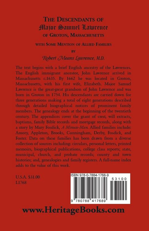 Produktbild: The Descendants of Major Samuel Lawrence of Groton, Massachusetts, with Some Mention of Allied Families