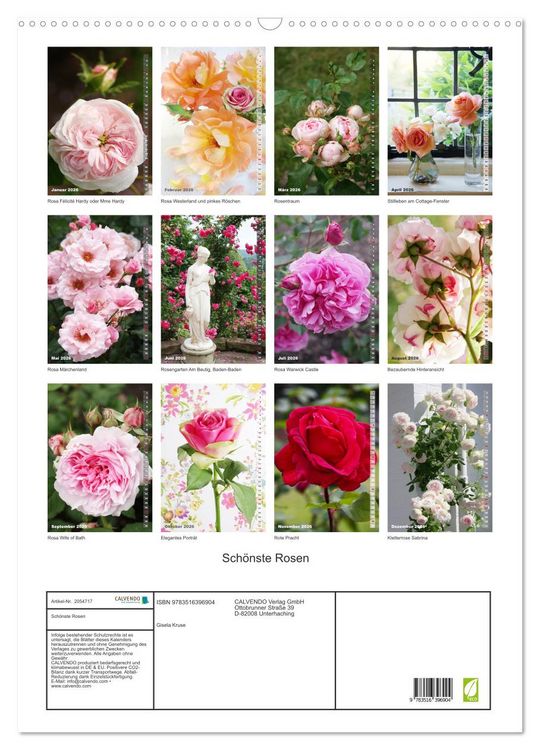 Produktbild: Sch&ouml;nste Rosen (Wandkalender 2026 DIN A2 hoch), CALVENDO Monatskalender