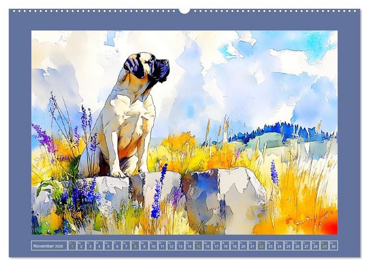 Produktbild: Majest&auml;tische English Mastiffs. Sanfte Riesen in Aquarell-Eleganz (Wandkalender 2026 DIN A2 quer), CALVENDO Monatskalender