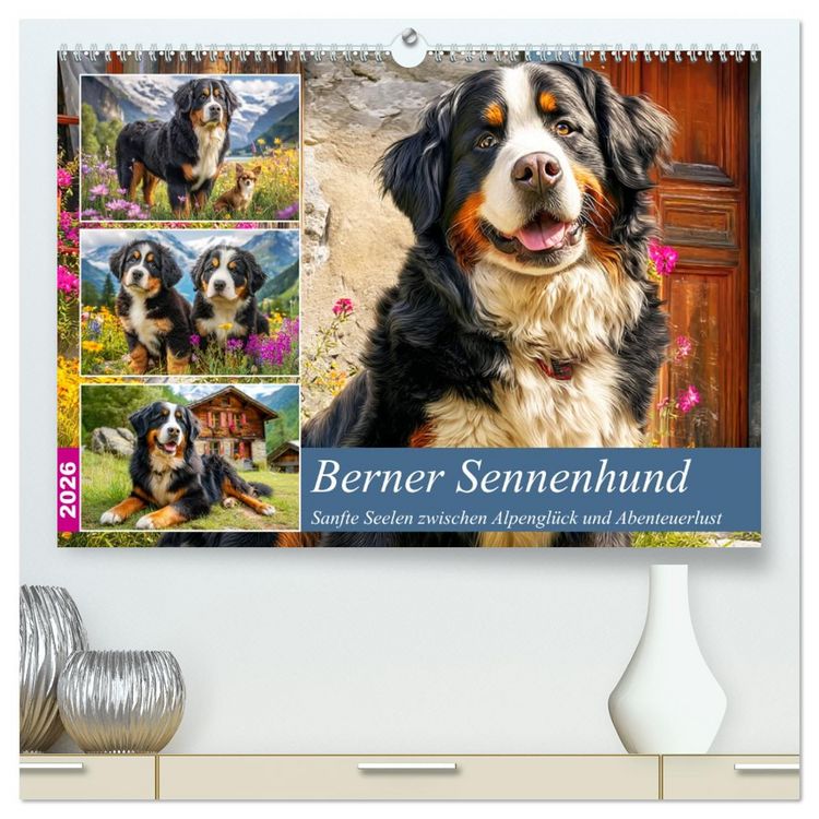 Produktbild: Berner Sennenhund. Sanfte Seelen zwischen Alpengl&uuml;ck und Abenteuerlust (hochwertiger Premium Wandkalender 2026 DIN A2 quer), Kunstdruck in Hochglanz