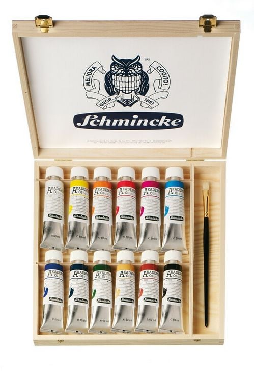 Produktbild: Schmincke Akademie &Ouml;l color, Holzkasten, 12 x 60 ml Tuben + daVinci Pinsel