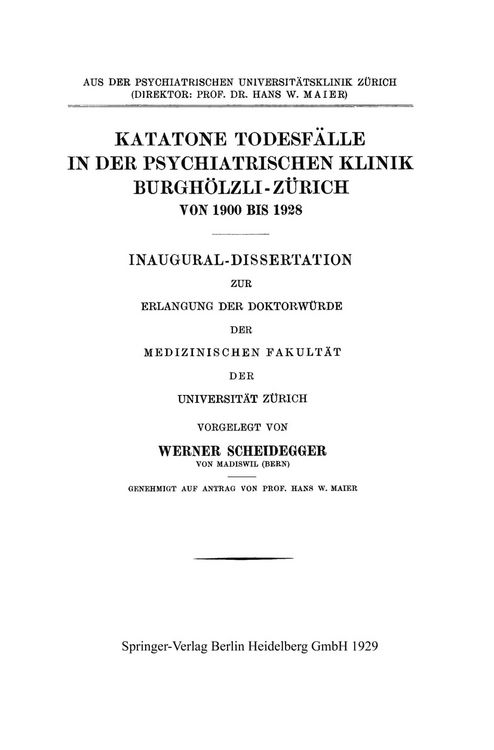 Produktbild: Katatone Todesf&auml;lle in der Psychiatrischen Klinik Burgh&ouml;lzli-Z&uuml;rich Von 1900 Bis 1928
