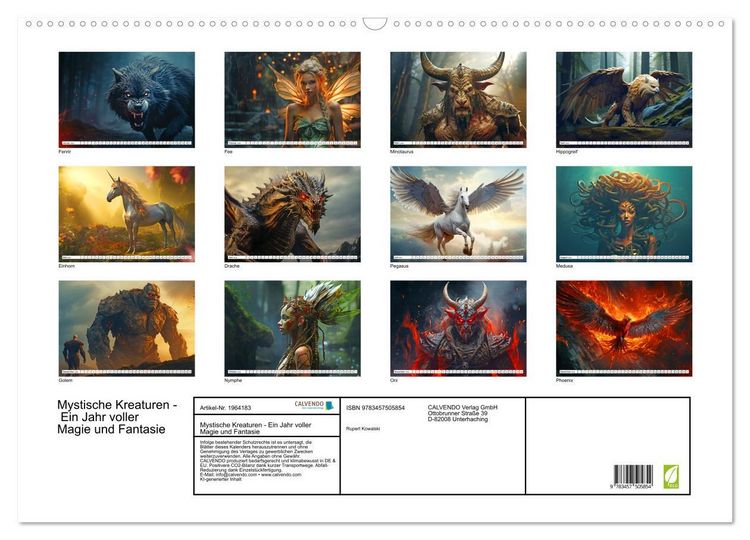 Produktbild: Mystische Kreaturen - Ein Jahr voller Magie und Fantasie (Wandkalender 2026 DIN A2 quer), CALVENDO Monatskalender