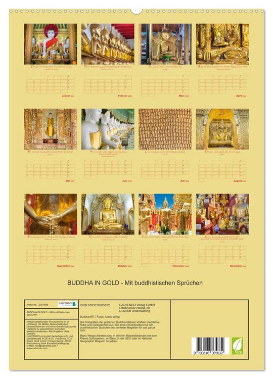Produktbild: BUDDHA IN GOLD - Mit buddhistischen Spr&uuml;chen (hochwertiger Premium Wandkalender 2026 DIN A2 hoch), Kunstdruck in Hochglanz