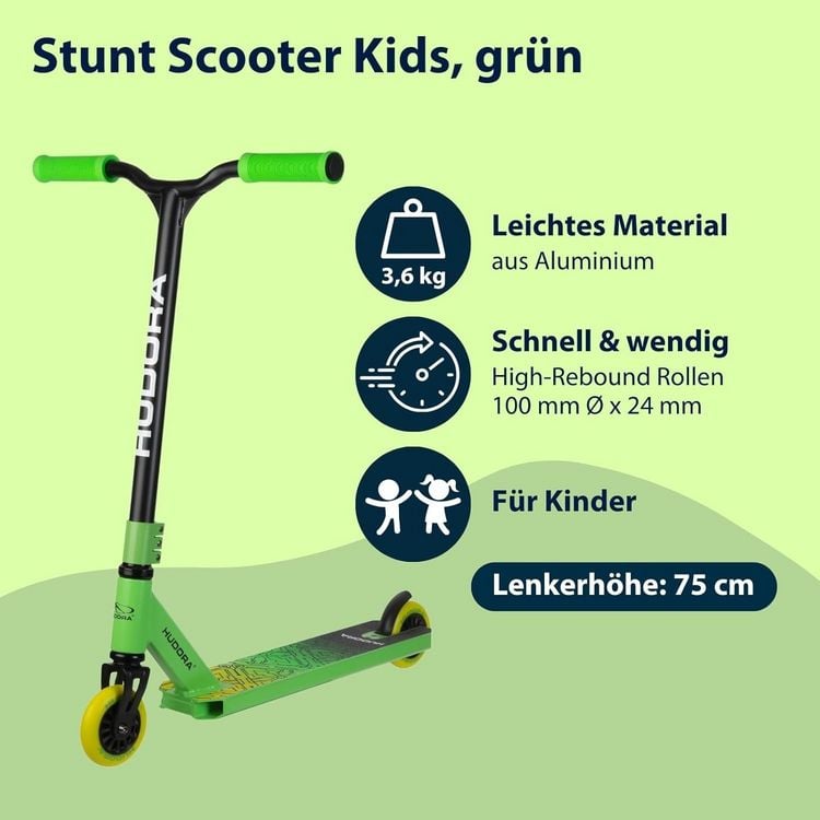 Produktbild: HUDORA 14057 - Stunt Scooter Kids gr&uuml;n, Cityroller f&uuml;r Kinder von ca. 6-10 Jahren