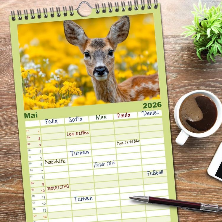 Produktbild: Familienplaner 2026 - HIRSCHE UND REHE - Ein Jahr in freier Wildbahn mit 5 Spalten (Wandkalender, 21 x 45 cm) CALVENDO