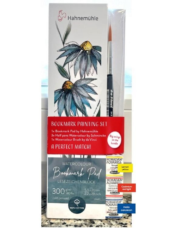Produktbild: Hahnem&uuml;hle Bookmark Painting Set, 1 Block, 3 Aquarellfarben Schmincke, 1 Aquarellpinsel da Vinci