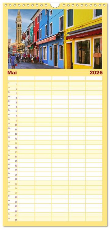 Produktbild: Familienplaner 2026 - Bunt Bunter Burano mit 5 Spalten (Wandkalender, 21 x 45 cm) CALVENDO