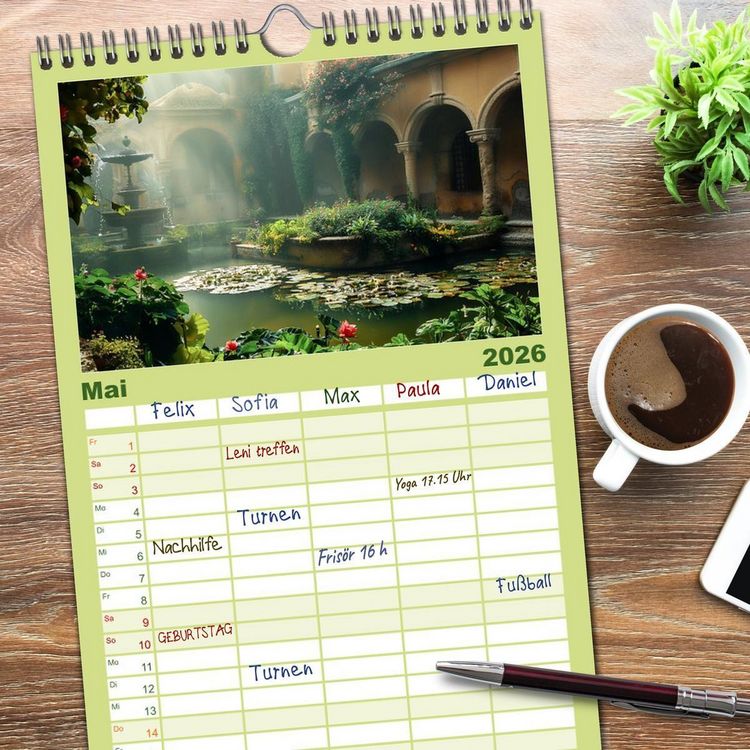 Produktbild: Familienplaner 2026 - Verwunschene G&auml;rten - Eine Zeitreise mit 5 Spalten (Wandkalender, 21 x 45 cm) CALVENDO