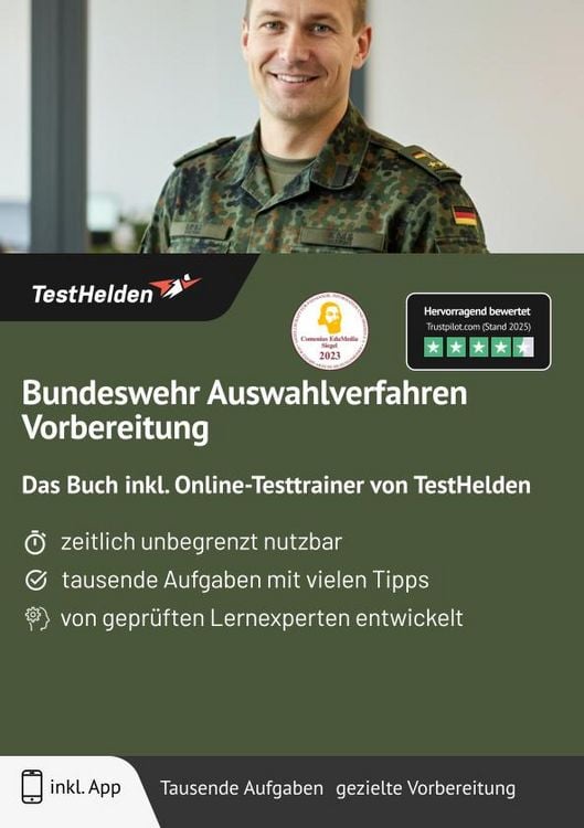 Produktbild: Bundeswehr Auswahlverfahren Vorbereitung: Das Buch inkl. Online-Testtrainer von TestHelden |