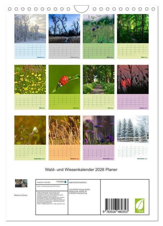 Produktbild: Wald- und Wiesenkalender 2026 Planer (Wandkalender 2026 DIN A4 hoch), CALVENDO Monatskalender