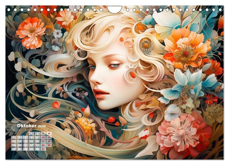 Produktbild: Bl&uuml;tenzauber - Farbenfrohe Illustrationen der G&ouml;ttin Flora (Wandkalender 2026 DIN A4 quer), CALVENDO Monatskalender