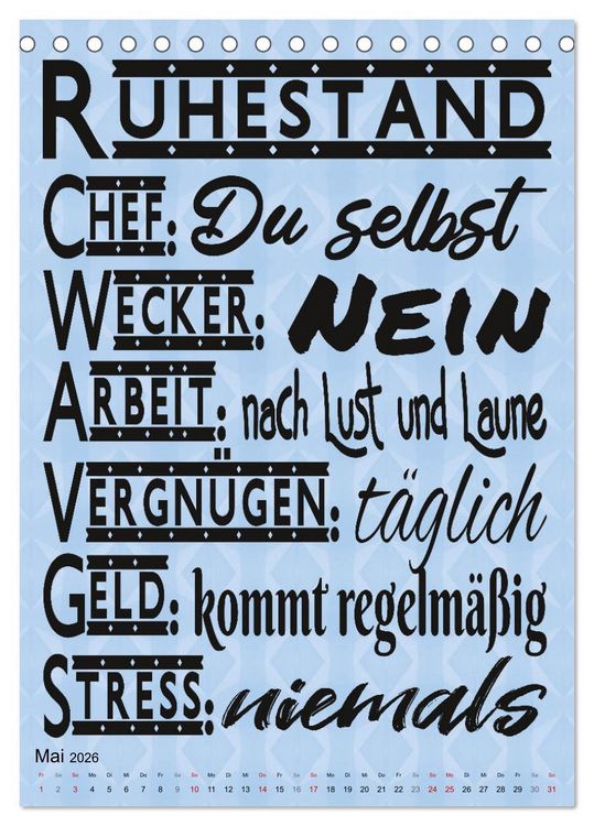 Produktbild: Coole Spr&uuml;che zum Ruhestand (Tischkalender 2026 DIN A5 hoch), CALVENDO Monatskalender