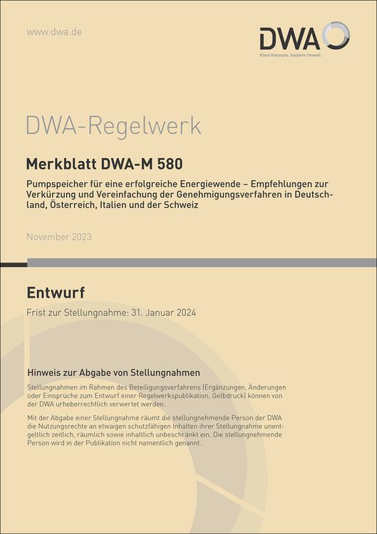 Produktbild: Merkblatt DWA-M 580 Pumpspeicher für eine erfolgreiche Energiewende - Empfehlung