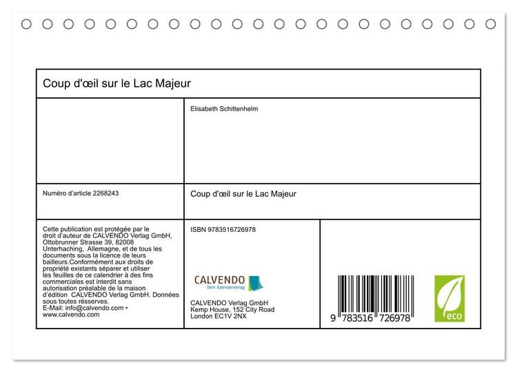 Produktbild: Coup d'&oelig;il sur le Lac Majeur (Calendrier de bureau 2026 DIN A5 vertical), CALVENDO calendrier mensuel