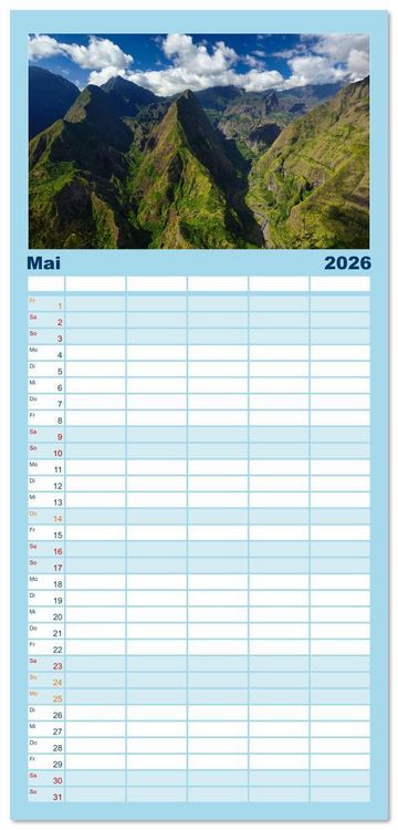 Produktbild: Familienplaner 2026 - La Reunion - Traumhafte K&uuml;sten und Hochgebirge mit 5 Spalten (Wandkalender, 21 x 45 cm) CALVENDO