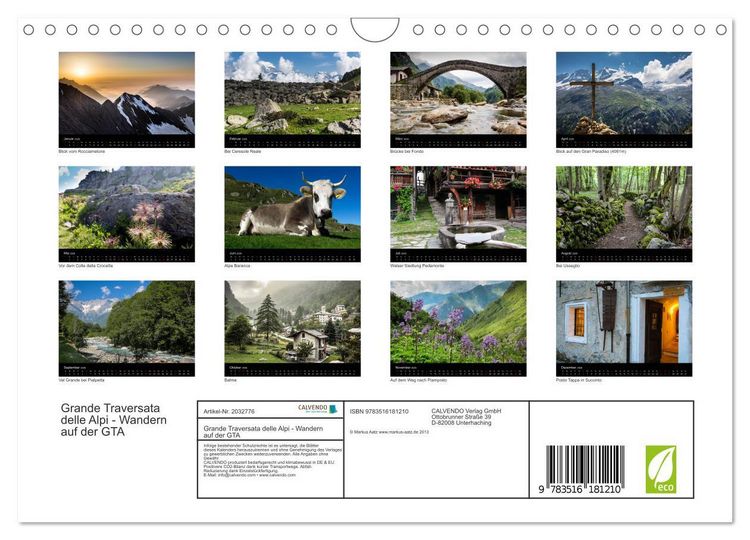 Produktbild: Grande Traversata delle Alpi - Wandern auf der GTA (Wandkalender 2026 DIN A4 quer), CALVENDO Monatskalender