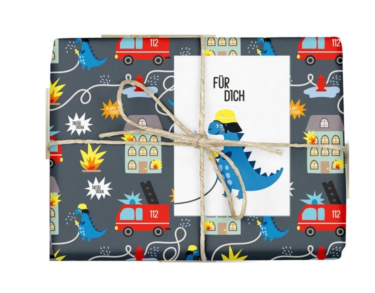 Produktbild: Geschenkpapier-Set f&uuml;r Kinder: Feuerwehr/ Dinosaurier
