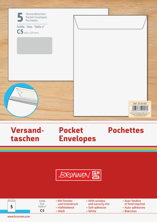 Produktbild: Brunnen Versandtasche C5 wei&szlig; m.Fenster 5 St&uuml;ck