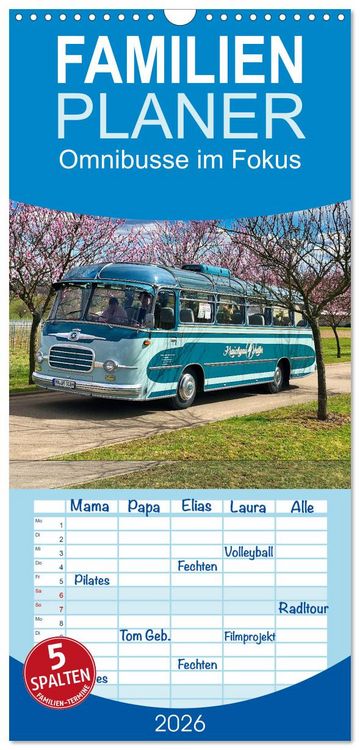 Produktbild: Familienplaner 2026 - Omnibusse im Fokus mit 5 Spalten (Wandkalender, 21 x 45 cm) CALVENDO