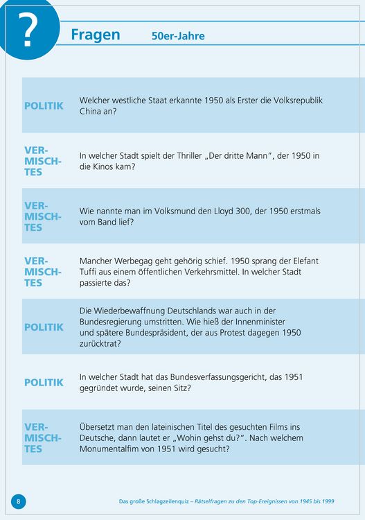 Produktbild: Das gro&szlig;e Schlagzeilen-Quiz. R&auml;tselfragen zu den Top-Ereignissen von 1950 bis 1999