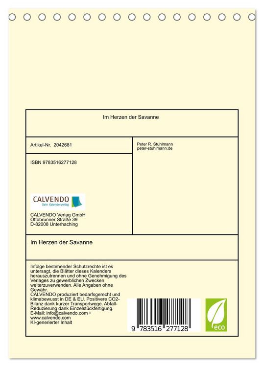 Produktbild: Im Herzen der Savanne (Tischkalender 2026 DIN A5 hoch), CALVENDO Monatskalender