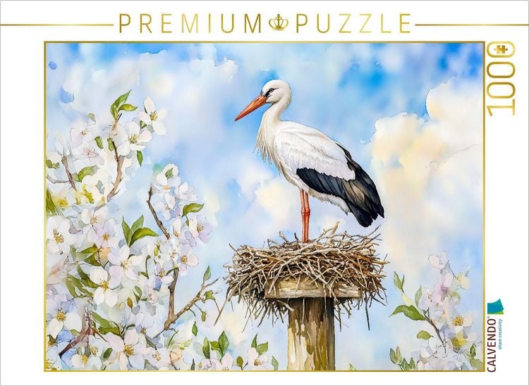 Produktbild: CALVENDO Puzzle Wei&szlig;storch auf dem Horst im Fr&uuml;hling Aquarellmalerei | 1000 Teile Lege-Gr&ouml;&szlig;e 64x48cm Foto-Puzzle f&uuml;r gl&uuml;ckliche Stunden