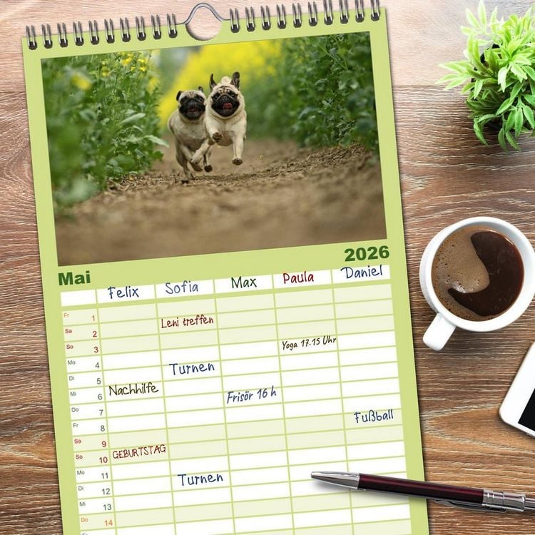 Produktbild: Familienplaner 2026 - Der MOPS-Kalender mit 5 Spalten (Wandkalender, 21 x 45 cm) CALVENDO