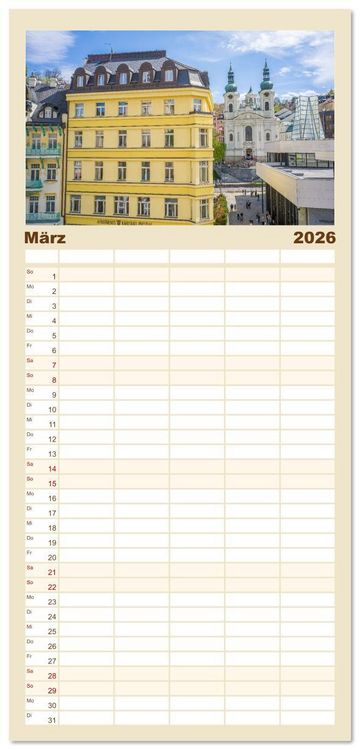 Produktbild: Familienplaner 2026 - Karlsbad / Karlovy Vary - Kleinod im Westb&ouml;hmischen B&auml;derdreieck mit 5 Spalten (Wandkalender, 21 x 45 cm) CALVENDO