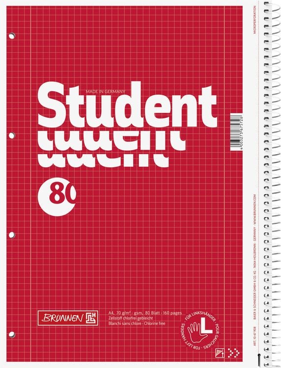 Produktbild: Brunnen Collegeblock Student Linksh&auml;nder &brvbar; A4, Lineatur 28, 80 Blatt, rot