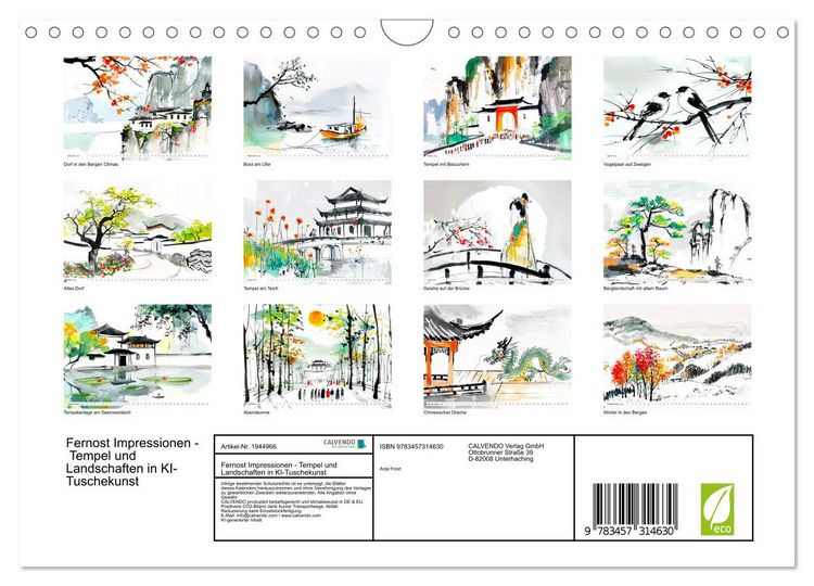 Produktbild: Fernost Impressionen - Tempel und Landschaften in KI-Tuschekunst (Wandkalender 2026 DIN A4 quer), CALVENDO Monatskalender