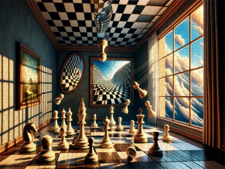 Produktbild: CALVENDO Puzzle Schachgefl&uuml;ster im Raum der Illusionen: Das Spiel, das Realit&auml;t verbiegt | 2000 Teile Lege-Gr&ouml;&szlig;e 90x67cm Foto-Puzzle f&uuml;r gl&uuml;ckliche Stunden