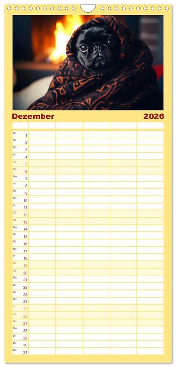 Produktbild: Familienplaner 2026 - Kleine Helden - eine Hommage an die Mopsrasse mit 5 Spalten (Wandkalender, 21 x 45 cm) CALVENDO
