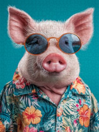 Produktbild: CALVENDO Puzzle Cooles Schwein mit Sonnenbrille und Hawaiihemd genie&szlig;t Urlaubsfeeling | 1000 Teile Lege-Gr&ouml;&szlig;e 64x48cm Foto-Puzzle f&uuml;r gl&uuml;ckliche Stund