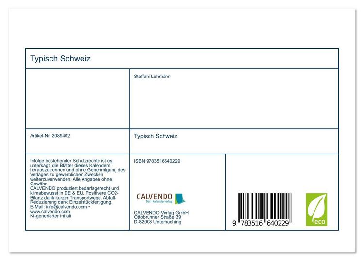 Produktbild: Typisch Schweiz (Tischkalender 2026 DIN A5 quer), CALVENDO Monatskalender