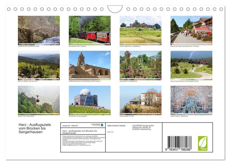 Produktbild: Harz - Ausflugsziele vom Brocken bis Sangerhausen (Wandkalender 2026 DIN A4 quer), CALVENDO Monatskalender