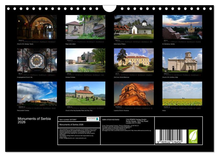 Produktbild: Monuments of Serbia 2026 (Wall Calendar 2026 DIN A4 landscape), CALVENDO 12 Month Wall Calendar