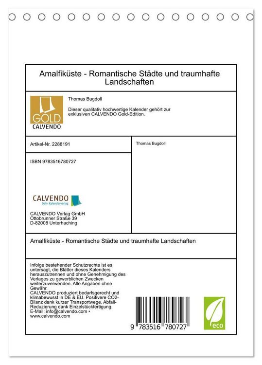 Produktbild: Amalfik&uuml;ste - Romantische St&auml;dte und traumhafte Landschaften (Tischkalender 2027 DIN A5 hoch), CALVENDO Monatskalender
