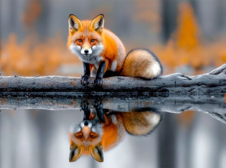 Produktbild: CALVENDO Puzzle Ein neugieriger Fuchs auf einem treibenden Baumstamm, umgeben von stillem Wasser | 2000 Teile Lege-Gr&ouml;&szlig;e 90x67cm Foto-Puzzle f&uuml;r gl&uuml;ck