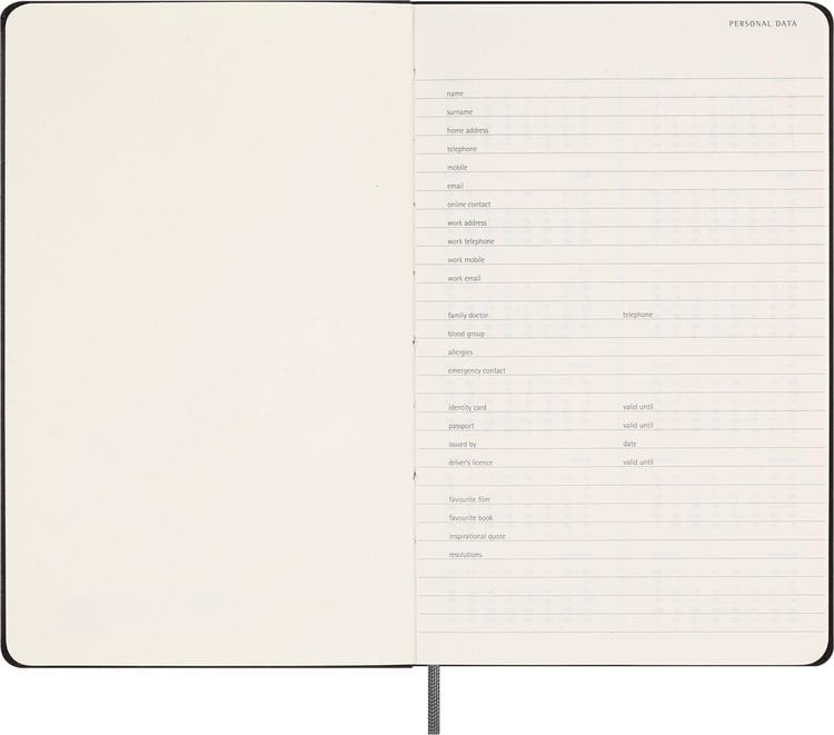 Produktbild: Moleskine undatierter Wochen Notizkalender, L/A5, 1 Wo = 1 Seite, Rechts linierte Seite, Fester Einband mit Textpr&auml;gung gold, Schwarz