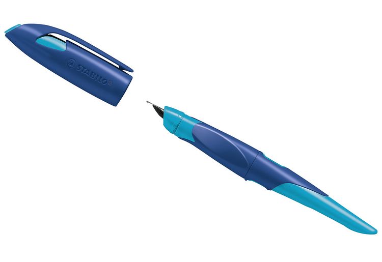 Produktbild: STABILO Ergonomischer Schulf&uuml;ller f&uuml;r Linksh&auml;nder mit Anf&auml;nger-Feder A -   EASYbirdy in mitternachtsblau/azur - Einzelstift - inklusive Patrone