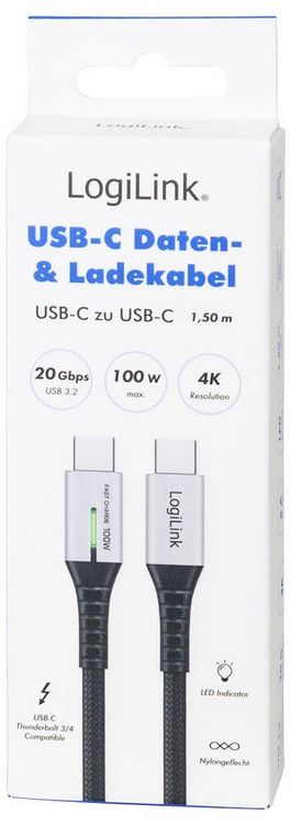 Produktbild: LogiLink USB-C&reg; Kabel USB 3.2 Gen2x2 USB-C&reg; Stecker 1.50 m Schwarz mit LED, 4K UHD, beidseitig verwendbarer Stecker CU0433